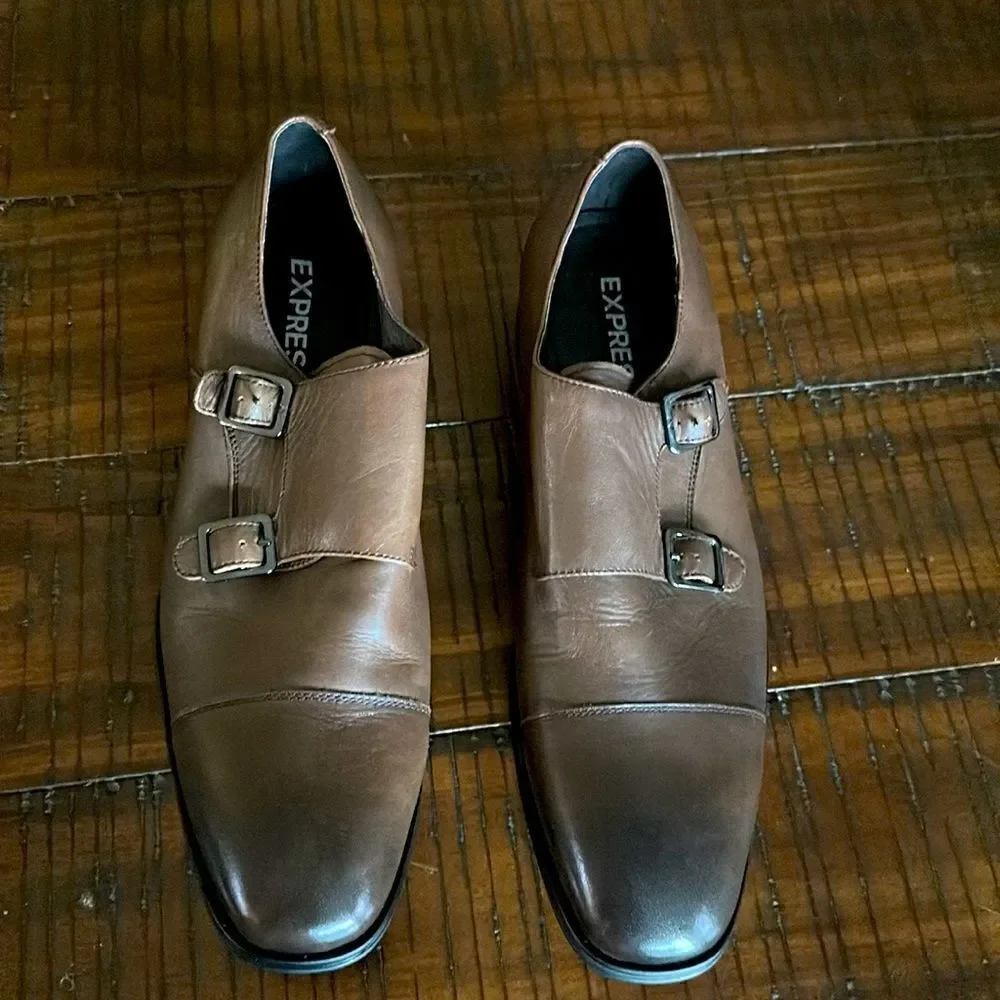 Men’s Express brown leather monk strap dress shoes sz 10 nwt